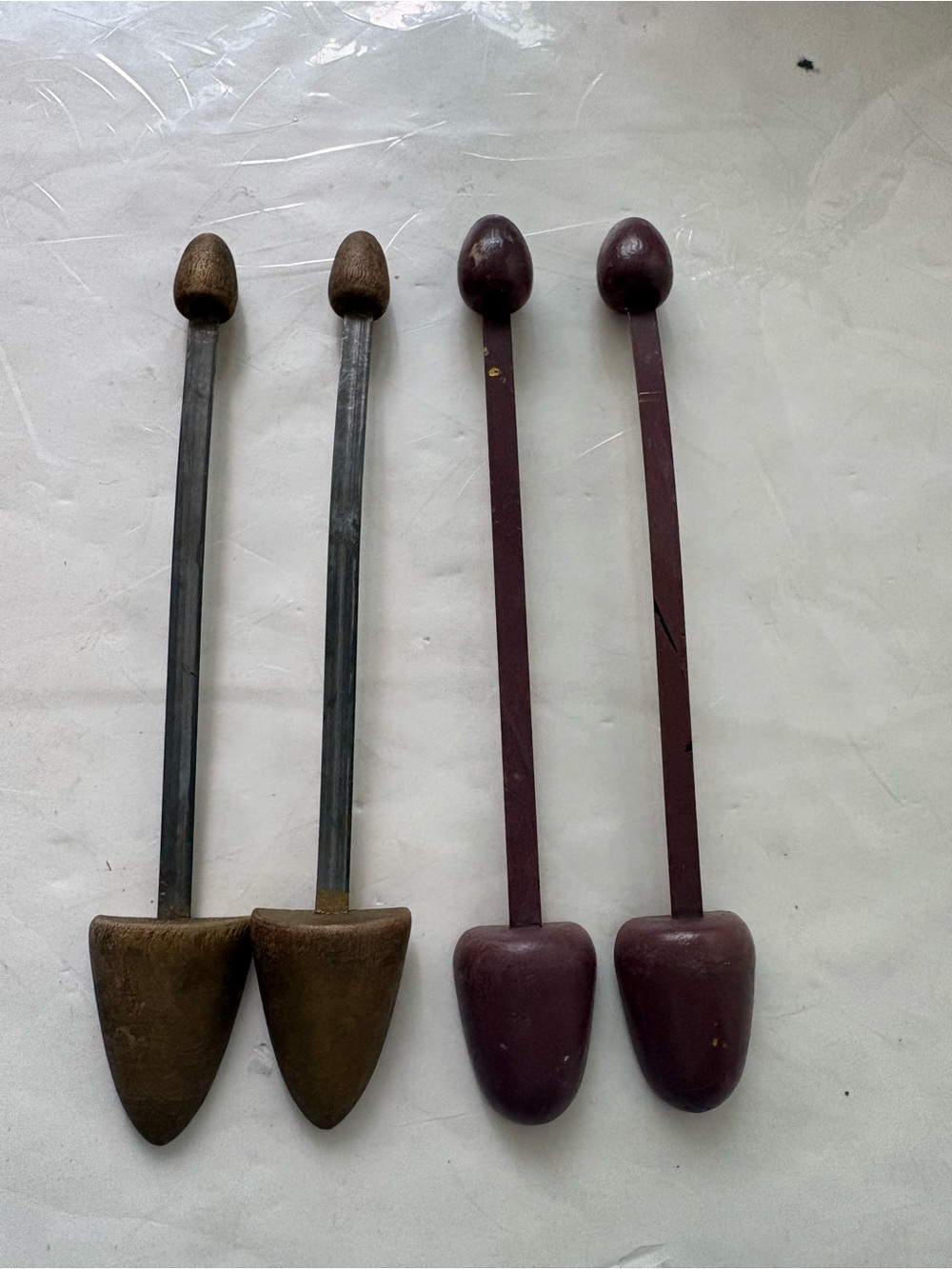 Pair of 2 Vintage Yellow Shoe Form Stretchers in Metal & Wood colour and purple